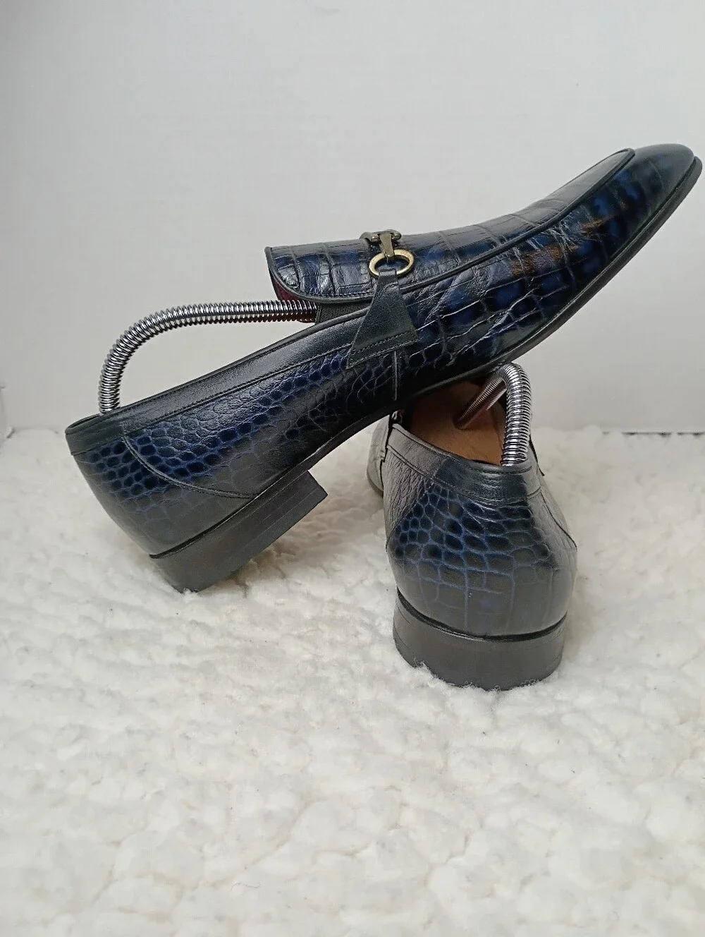 Vintage Dino Bigioni 6911 Genuine Navy Crocodile Leather Horsebit Loafers EU 42.